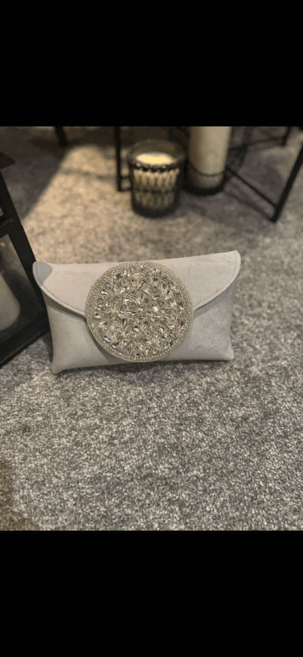 Grey velvet clutch bag