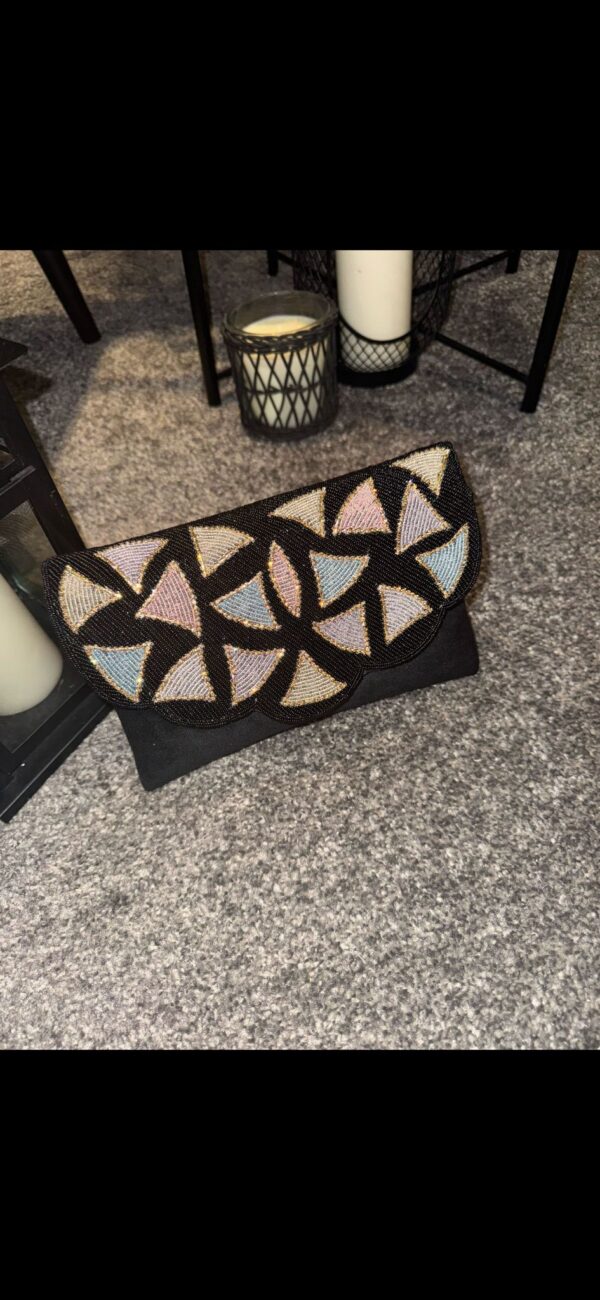 Black multi coloured clutch bag